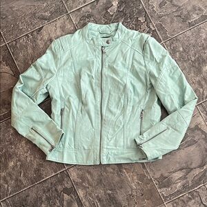GUESS Y2K Faux-Leather Light Turquoise Zipper Cuff Moto Button Collar Jacket
